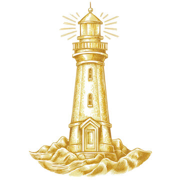 Gold lighthouse ornament, a hand-drawn illustration, png, transparent