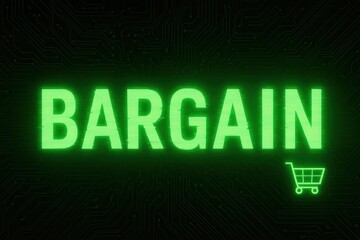 Glowing green text "BARGAIN" with a shopping cart icon over a dark, circuit-patterned background, suggesting online shopping deals and discounts.
