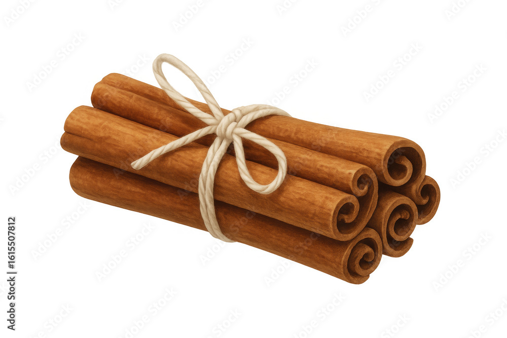 Poster aromatic cinnamon sticks bound with twine, displaying rustic texture against crisp transparent surfa