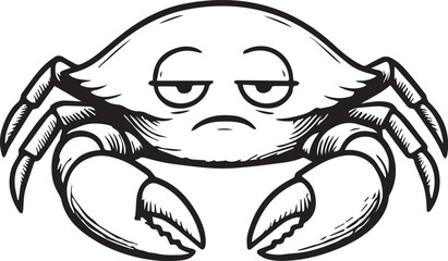 black and white cartoon illustration of a tired crab