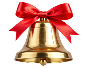  Classic Gold Christmas Bell with Red Ribbon Bow, Front View, Isolated on Transparent Background