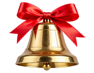  Classic Gold Christmas Bell with Red Ribbon Bow, Front View, Isolated on Transparent Background