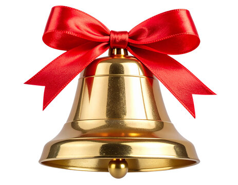  Classic Gold Christmas Bell with Red Ribbon Bow, Front View, Isolated on Transparent Background