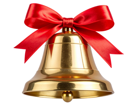 Classic Gold Christmas Bell with Red Ribbon Bow, Front View, Isolated on Transparent Background