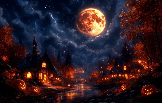 Spooky Halloween village scene with glowing jack-o-lanterns and full moon night