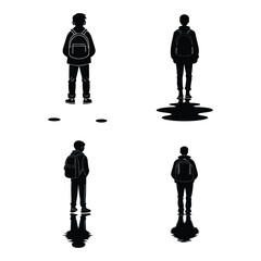 Four figures standing in a line with distinct shadows silhouette