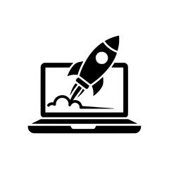 solid black icon of a rocket launching from a laptop, symbolizing startup and digital growth