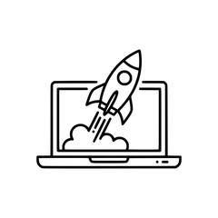 outline icon of a rocket launching from a laptop, symbolizing startup and digital growth