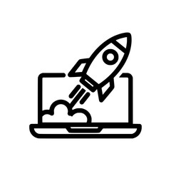 bold line icon of a rocket launching from a laptop, symbolizing startup and digital growth