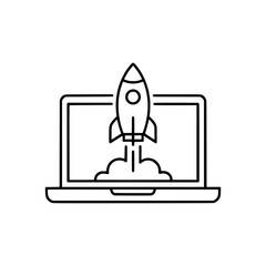 outline icon of a rocket launching from a laptop, symbolizing startup and digital growth