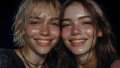 Joyful Glitter Selfie: Close-Up Portrait of Two Women Smiling with Sparkling Skin, Expressive Faces, and Fashionable Style-Celebrating Friendship, Happiness, and Connection,