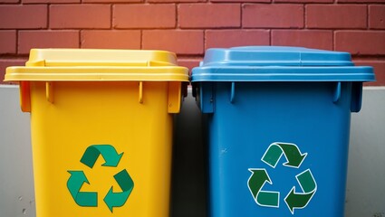 Yellow and blue recycling bins with green logos, placed side by side against a red brick wall in an urban setting. Clean, clear, and eco-conscious composition