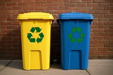 Yellow and blue recycling bins with green logos, placed side by side against a red brick wall in an urban setting. 