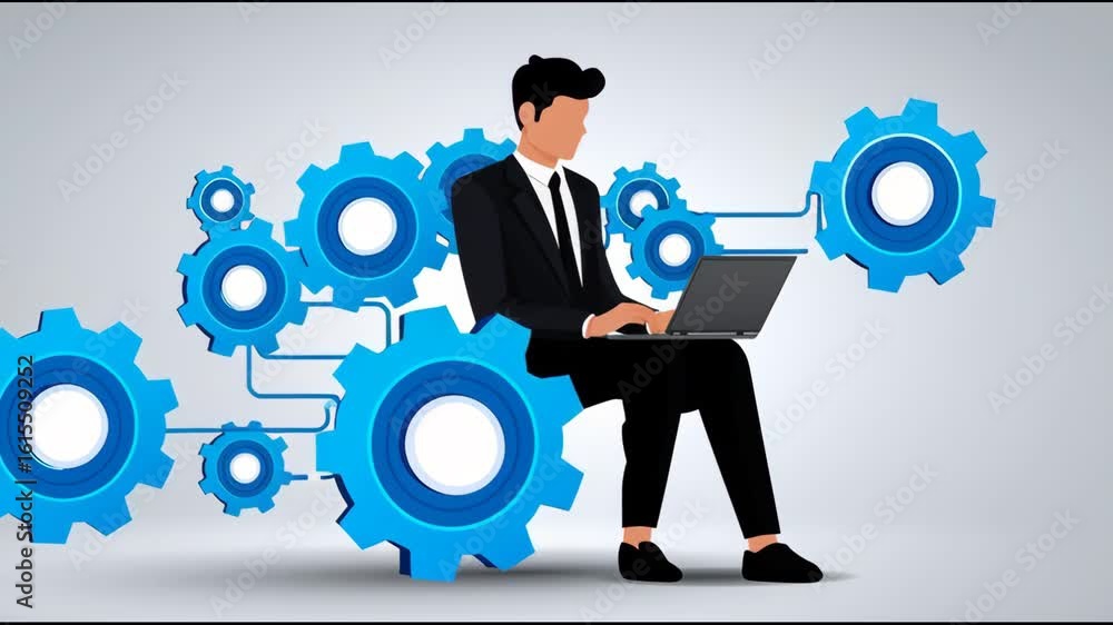 Aufkleber man working on laptop with gears in background for productivity and innovation themes