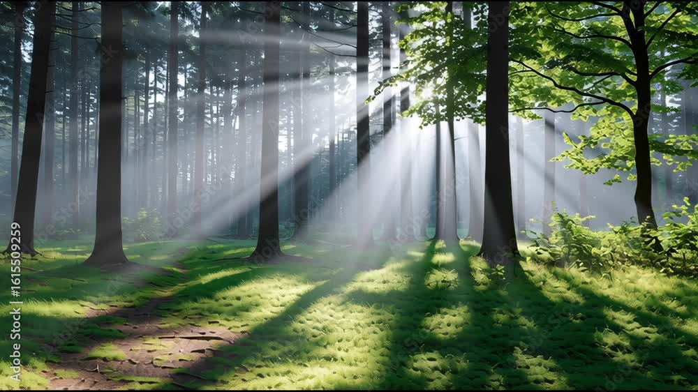 Poster sunlight filtering through tall trees in a serene forest setting during early morning hours