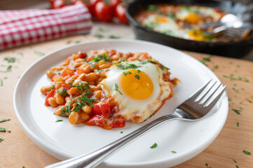 Baked beans with fried egg, sunny side up on a plate. Healthy and delicious vegetarian food