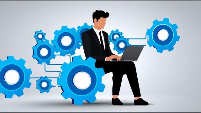 Man working on laptop with gears in background for productivity and innovation themes