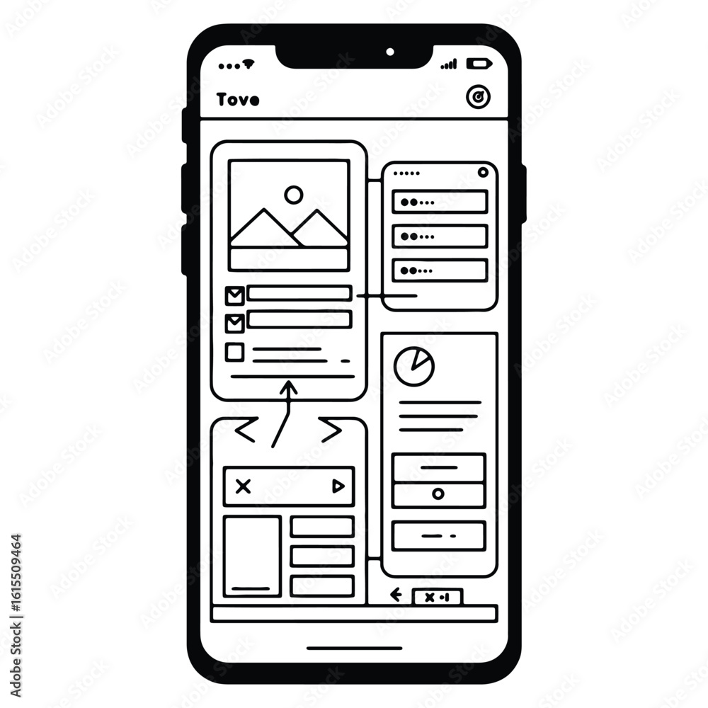 Poster minimalist line art illustration of a smartphone interface with user interface elements