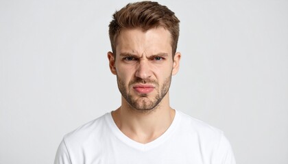 Fototapeta premium A close-up portrait of a man displaying a disgusted expression.