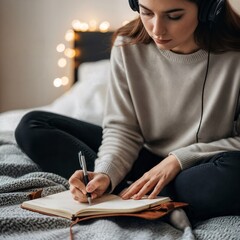 Young Woman Journaling with Headphones on a Bed with Soft Blanket