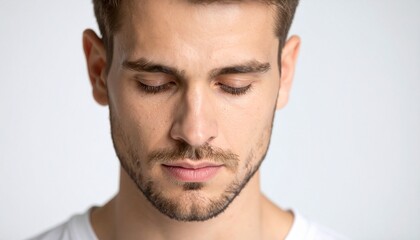 A close-up portrait of a man with his eyes closed, showing introspection.