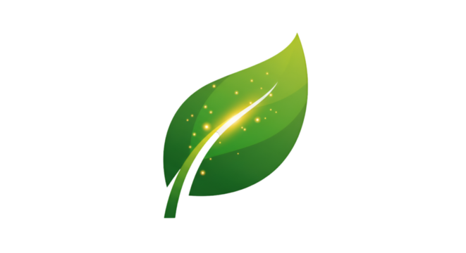 Abstract Green Leaf Illustration On Black Background With Golden Sparkles