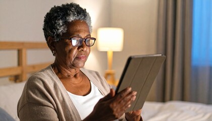 Cybersecurity for seniors concept. Senior woman using tablet in a cozy bedroom setting.