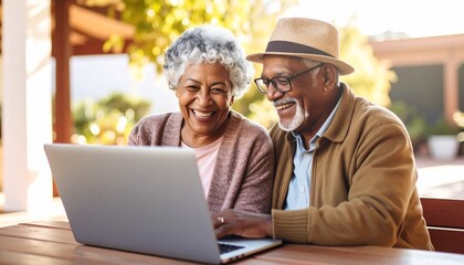 Cybersecurity for seniors concept. Happy elderly couple enjoying time together on a laptop.