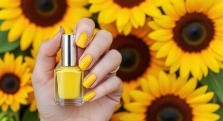 Vibrant Yellow Nail Polish with Sunflower Background