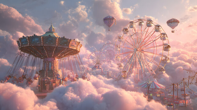 Surreal carnival with glowing ferris wheels and floating carousels in pastel dream clouds