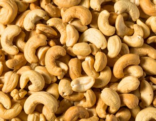 Close-up of cashews, showcasing their unique shape and inviting color ideal for themes of healthy snacks, vegan recipes, or wholesome ingredients. A collection of cashews, ready to be enjoyed 