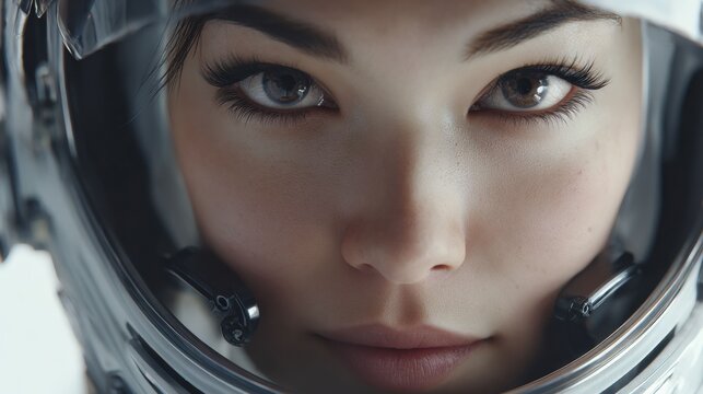 Girl wearing white space helmets and smiling confidently inside a futuristic space station, embodying the spirit of future astronauts.