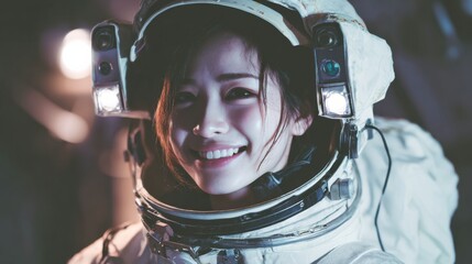 Girl wearing white space helmets and smiling confidently inside a futuristic space station, embodying the spirit of future astronauts.