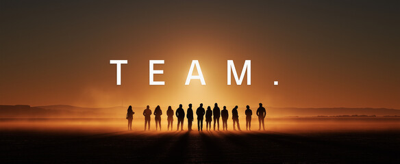A young team standing against the background of the rising sun or sunset glow.