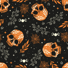 Vector seamless black pattern with skulls. Gothic halloween vintage template.
