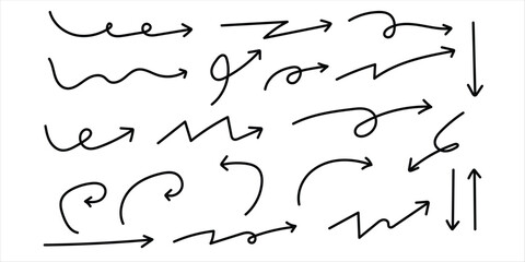 Collection of handdrawn direction arrow vector isolated on white background. Arrow symbol. Hand drawn vector arrow set. Hand drawn arrow vector icons set.