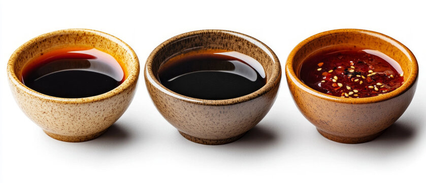 Three sauces in ceramic cups. Useful for cooking blogs and cooking articles.