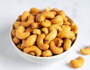 Fototapeta premium Close-up of cashews, showcasing their unique shape and inviting color ideal for themes of healthy snacks, vegan recipes, or wholesome ingredients. A collection of cashews, ready to be enjoyed 