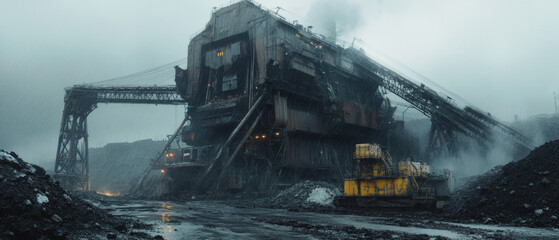 Industrial landscape with large equipment in the rain, useful for articles about industry and engineering.