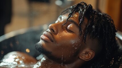 A man with his eyes closed enjoying a moment in the shower is useful for advertising spa services and relaxation.