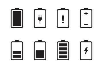 Battery Status and Charging Vector Icons Set . Energy Status Icons Battery Full Charge and Low Charge . eps 10 