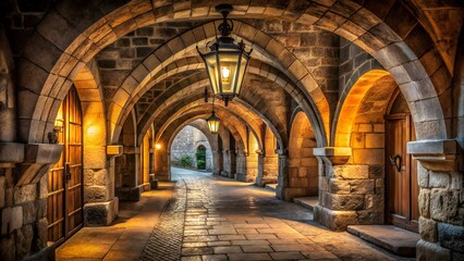 A long, arched stone corridor glows with warm light from hanging lanterns, creating a mysterious atmosphere