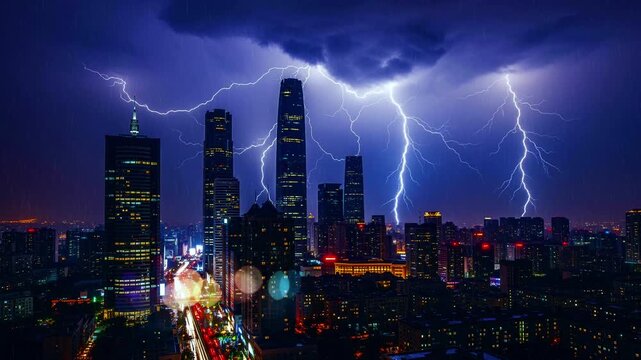 Dramatic Night City Thunderstorm Seamless Loop Timelapse
