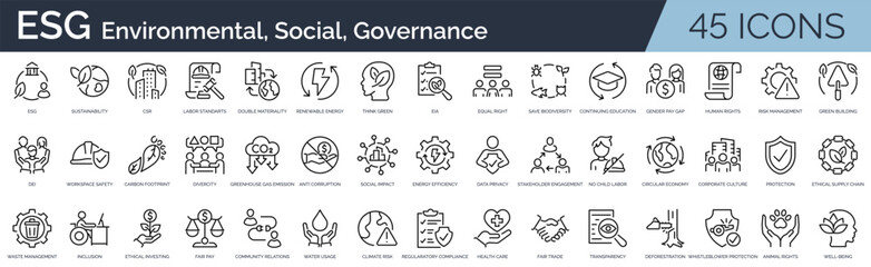Set of 45 outline icons related to ESG. Linear icon collection. Editable stroke. Vector illustration