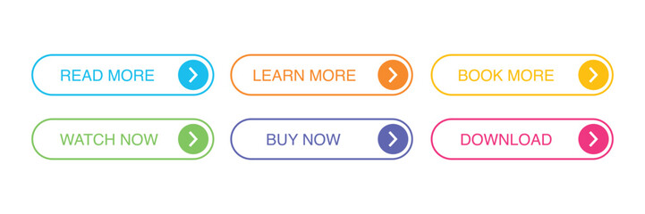 Collection of Forward ui,ux button design. Read more, learn more, book more, watch, buy now, download button symbol
