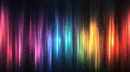 Colorful vertical light streaks in pink, purple, blue, teal, green, yellow, orange, red against starry dark backdrop, creating cosmic, dreamy, artistic atmosphere, perfect for digital backgrounds, spa