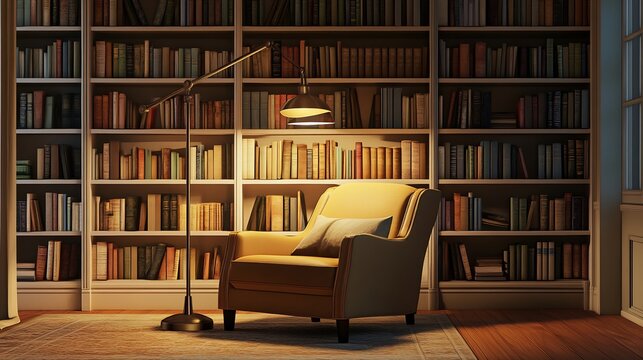 Dual head floor lamp with adjustable arms placed beside a comfortable reading chair in a home library with floor to ceiling bookshelves and a cozy classic atmosphere