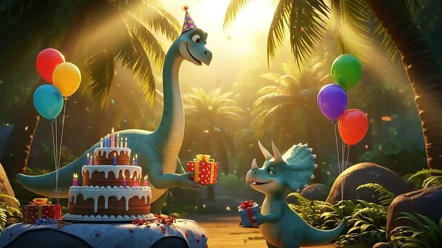 A heartwarming scene of a dinosaur family celebrating a birthday. A Brontosaurus parent and a baby Triceratops with a cake and presents in a lush prehistoric jungle.