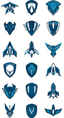 Abstract Pixel Blue Shield Icons On Isolated Transparent Background