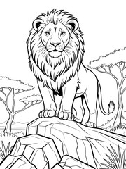 Majestic lion standing on a rock in the savanna, coloring concept for children